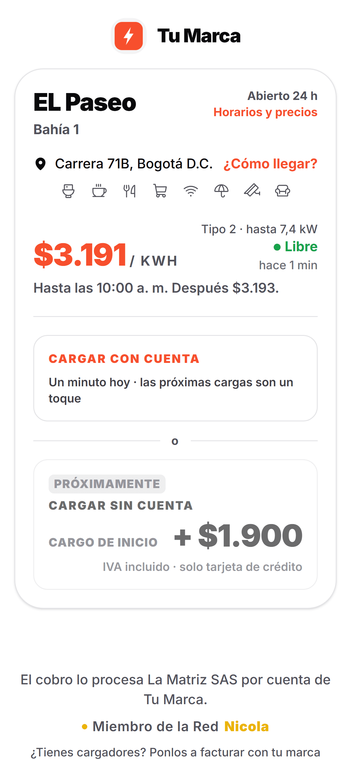Pantalla del QR de un cargador con la marca del aliado: precio, disponibilidad y el sello de la Red Nicola