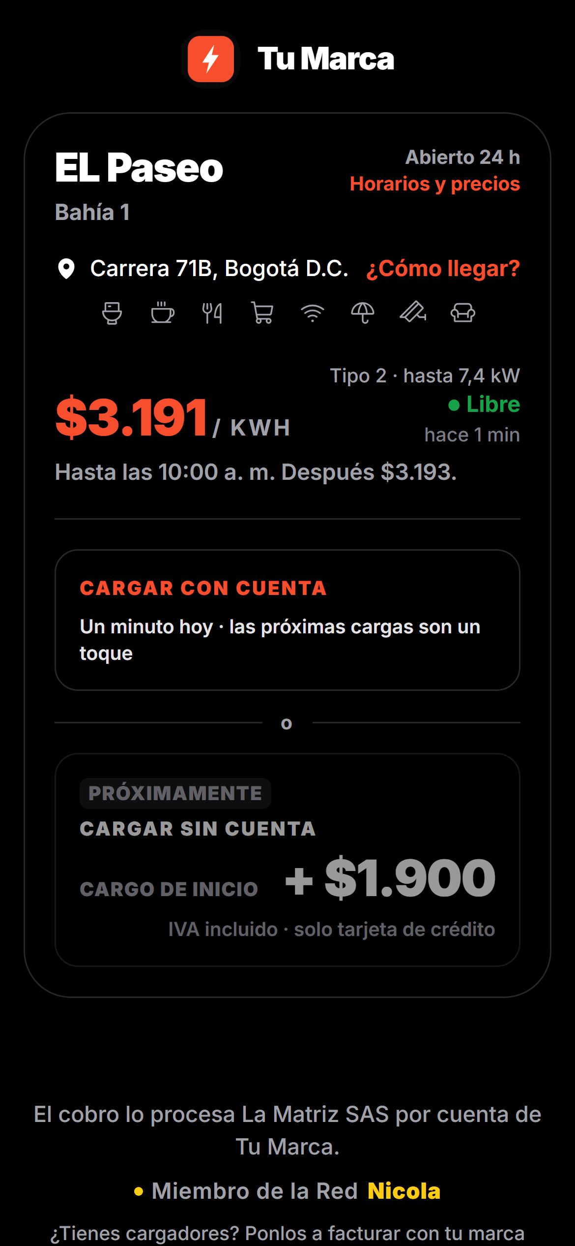 Pantalla del QR de un cargador con la marca del aliado: precio, disponibilidad y el sello de la Red Nicola
